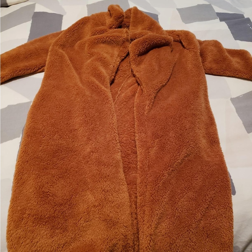 - Women's Fuzzy BROWN TEDDY COAT Open Front Long Coat SIZE MEDIUM